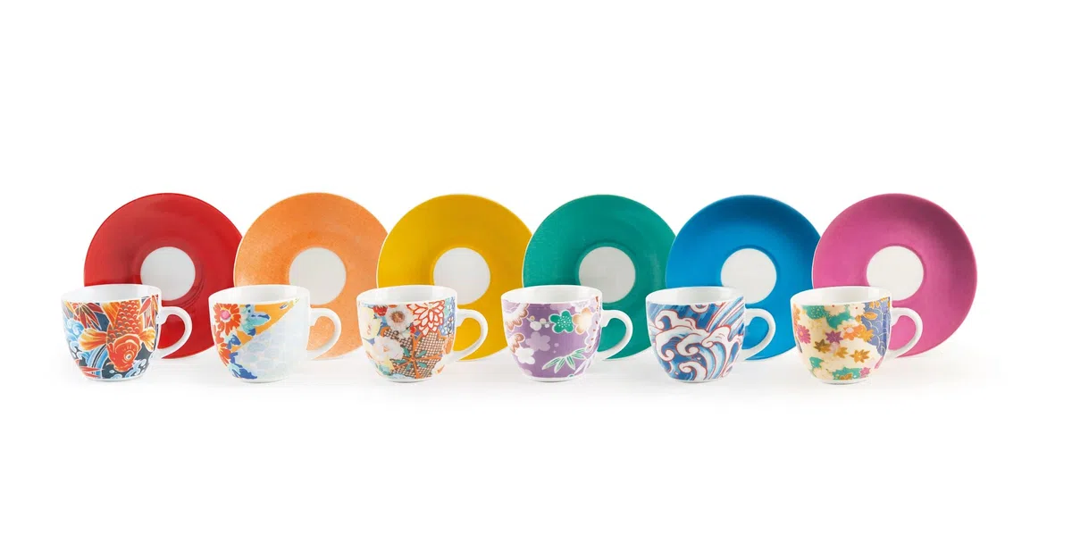 Excelsa Kimono Set 6 Tazzine da caffè con Piattino, Porcellana, Multicolore