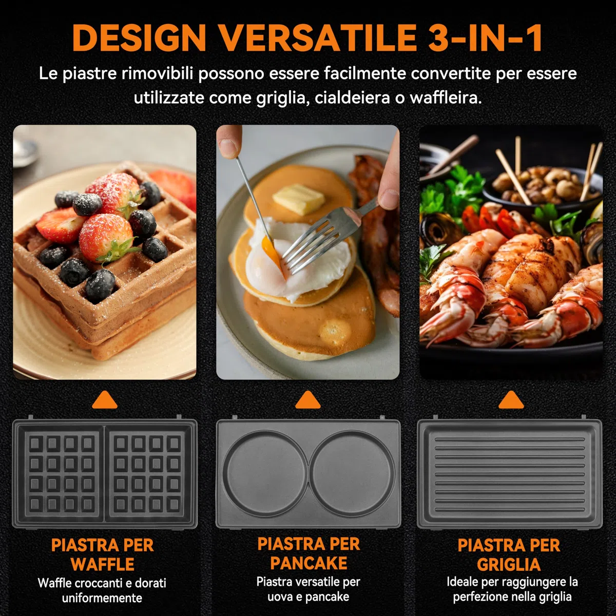 Baker's Friend Cialdaiera 3 in 1 con Piastre Rimovibili, Cialdaiera Quadrata con Piastre Rimovibili, Pressa per Pancake e Panini, Produttore di Formaggio Grigliato, Antiaderente, Acciaio Inossidabile,