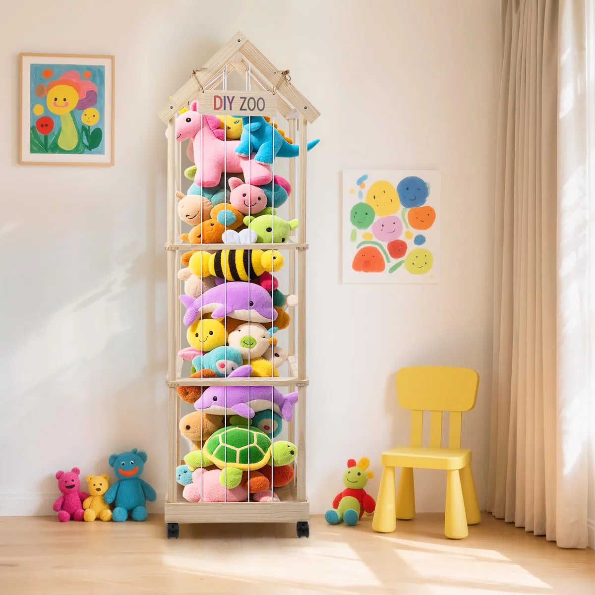 Contenitore per Animali di Peluche, 146x47x35CM con Ruote Girevoli Bloccabili a 360 Gradi per Cameretta dei Bambini, Soggiorno, Cameretta dei Bambini
