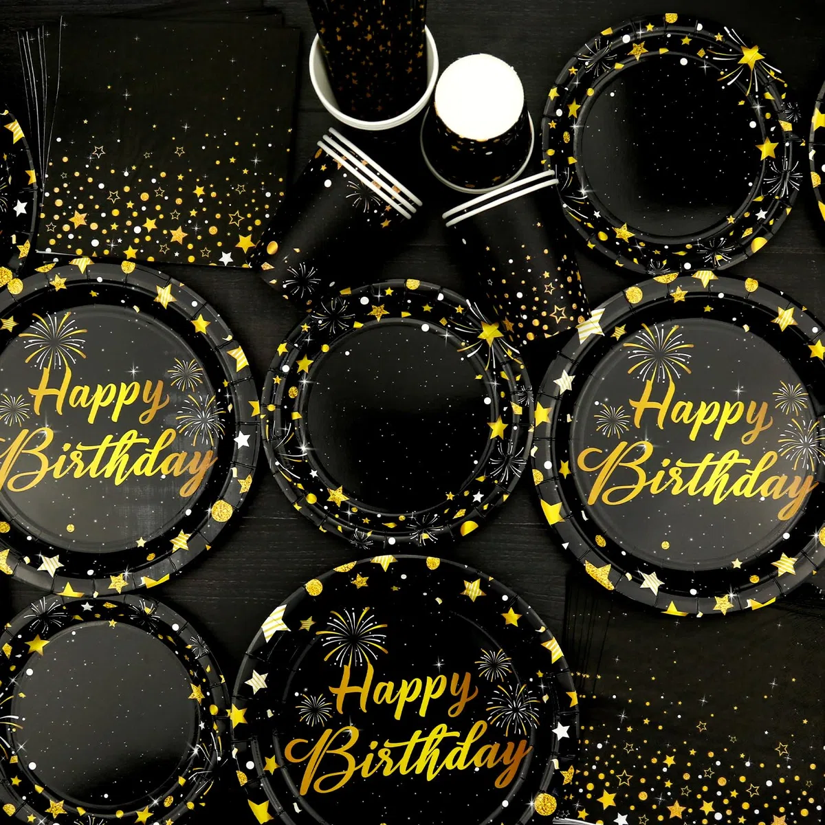 Decorazione per festa in nero e oro, per 20 persone, include piatti, bicchieri, tovaglioli, tovaglie, cannucce