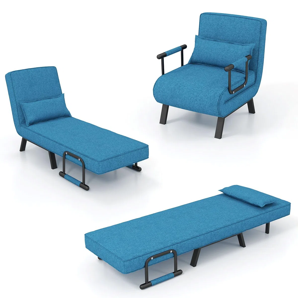 HOMASIS 4 in 1 Poltrona Letto, Divano Letto Pieghevole con Braccioli, Poltrona Salvaspazio con Schienale Regolabile con 6 Angolazioni e Cuscino Removibile, Portata 150 kg (Blu)