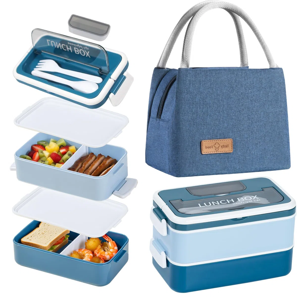Porta Pranzo Kit, 1600 ml 2 Strati Lunch Box Ermetica con Borsa Termica e Posate, Portapranzo per Microonde e Lavastoviglie,Schiscetta Pranzo, Bento Box per Adulti Lavoro Picnic Ufficio (Blu)