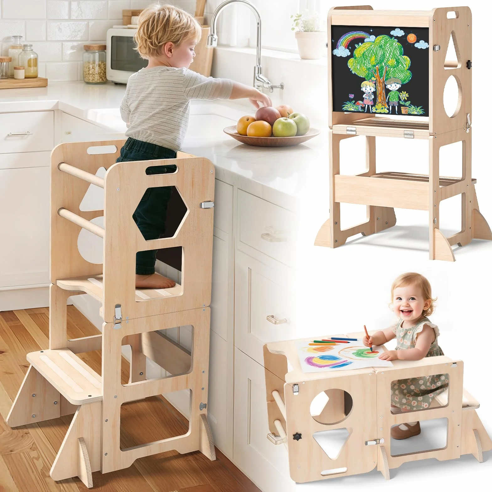 3-in-1 Torre montessoriana per bambini, Sgabello pieghevole con lavagna, torre di apprendimento per bambini per cucina, tavolo da pranzo e bagno