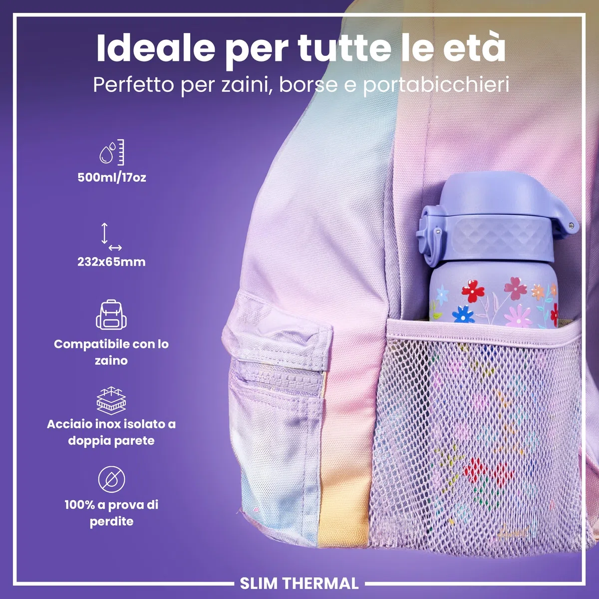 Ion8 Borraccia Termica in Acciaio Isolato, 500ml, a Prova di Perdite, Facile da Aprire, Serratura Sicura, Lavabile in Lavastoviglie, Maniglia per il Trasporto, Facile Pulizia,Floreale Delicato