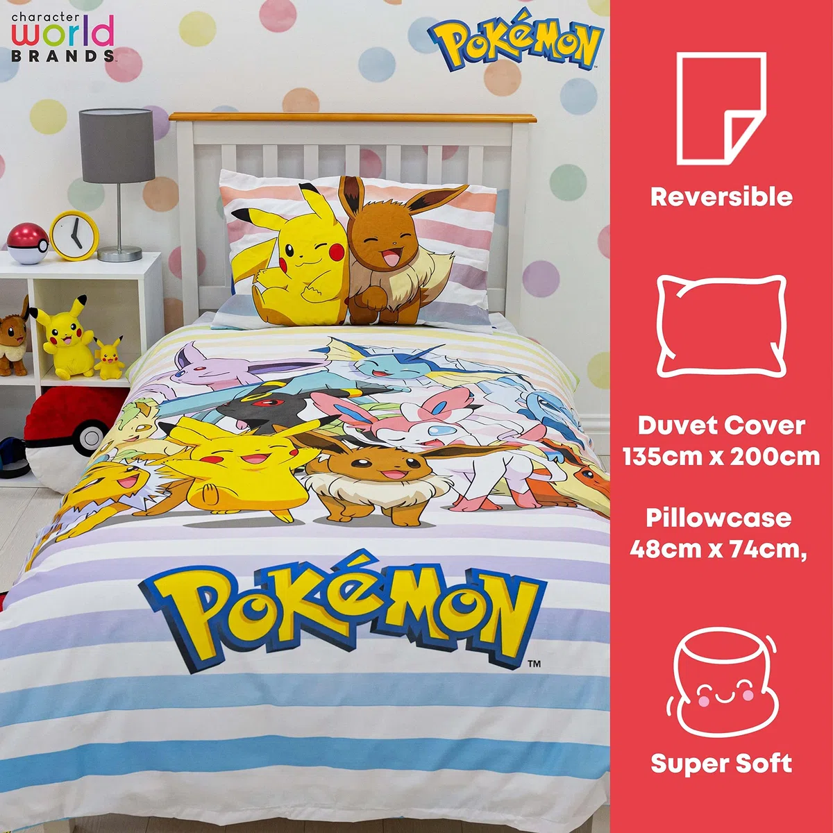 Set copripiumino singolo per bambini, con licenza ufficiale, motivo Pikachu Group reversibile a 2 lati, con federa coordinata, set da letto singolo di marca del mondo dei personaggi | policotone