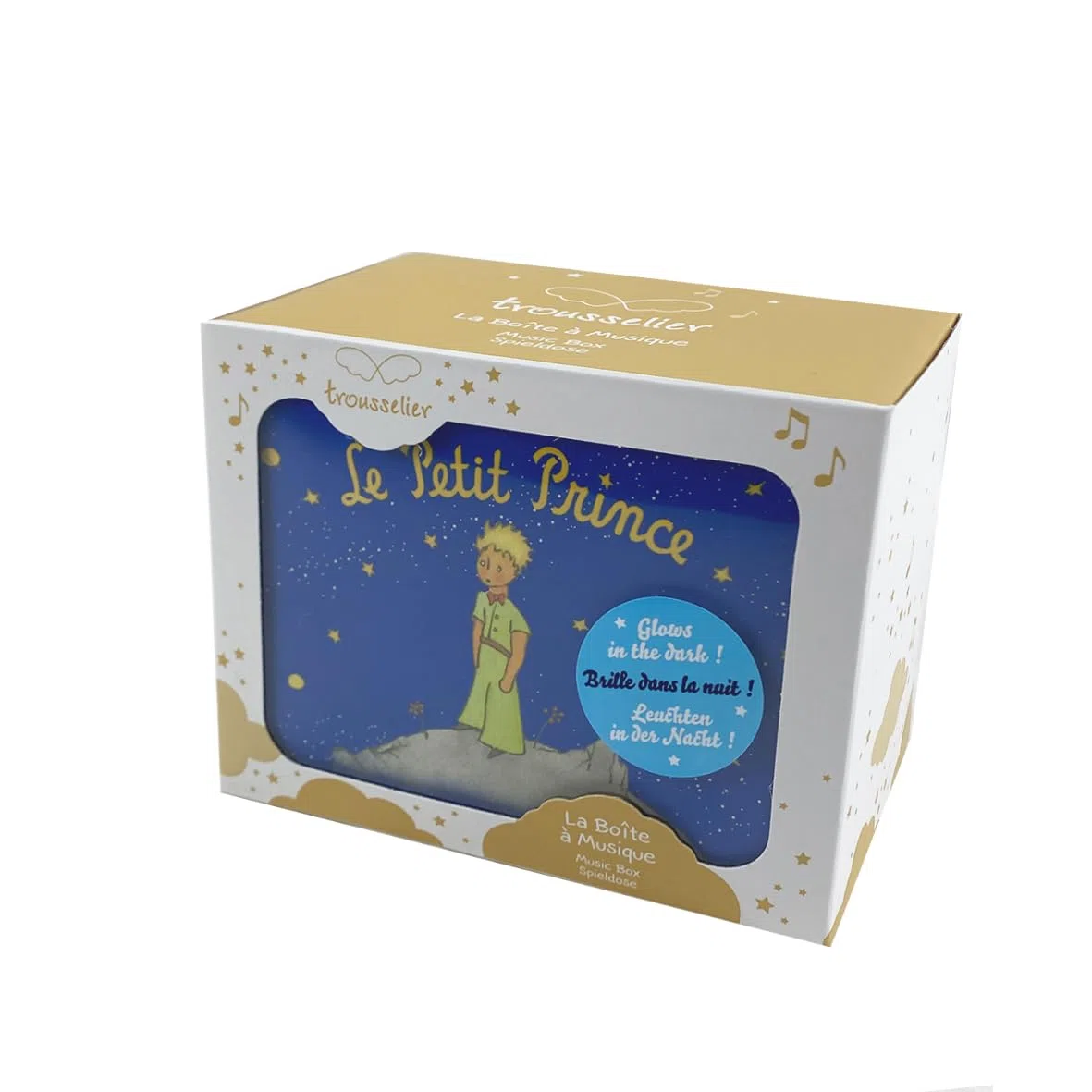 TROUSSELIER - Il Piccolo Principe. Saint Exupéry - Scatola per tesori e gioielli musicali - Fosforescente - Brilla di notte - Musica piccola musica notturna di Mozart - Colori blu Re