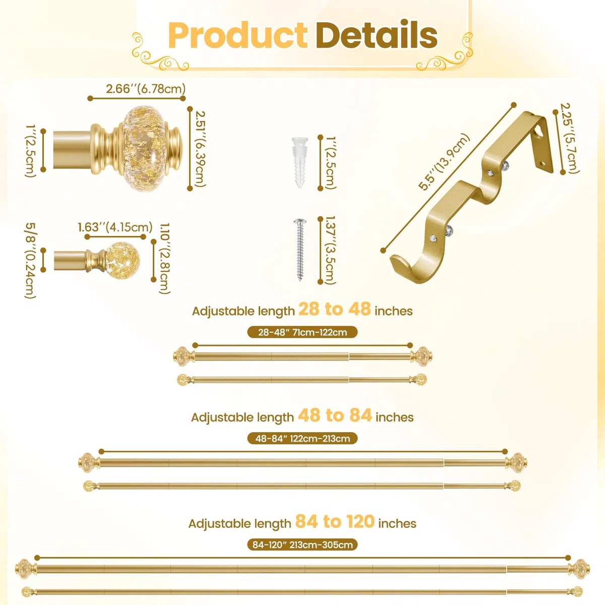 Bastone per tende doppio da 2,5 cm, con fermatende, lunghezza regolabile con terminali traslucidi, asta di sospensione per finestra di casa, soggiorno e camera da letto (oro, 123-212 cm)