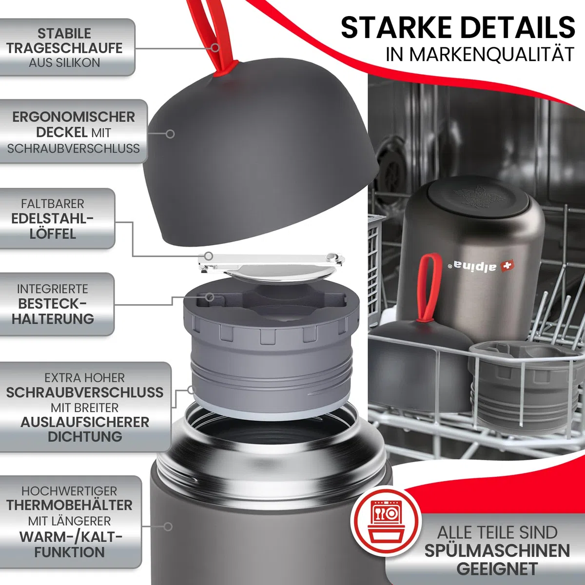 alpina contenitori ermetici per alimenti – tazza termica 730 ml lavabile in lavastoviglie con compensazione pressione - Cibi caldi e freddi a lungo I Borraccia termica in acciaio inox senza BPA