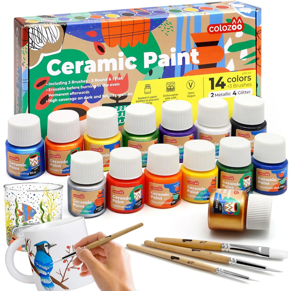 colozoo Vernice per Vetro e Porcellana Lavabile in Lavastoviglie - 14x20ml incl. Oro, Argento, 4 Colori Glitterati e 3 Pennelli - Set di Pittura per Ceramica Cancellabile
