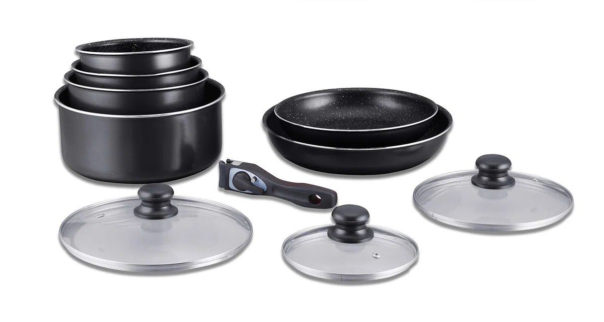 Herzberg Set di Pentole a Induzione - Pentole e Padelle per Tutto il Calore - Rivestimento in Pietra con Manico Rimovibile - 10 Pezzi HG-5000 Nero