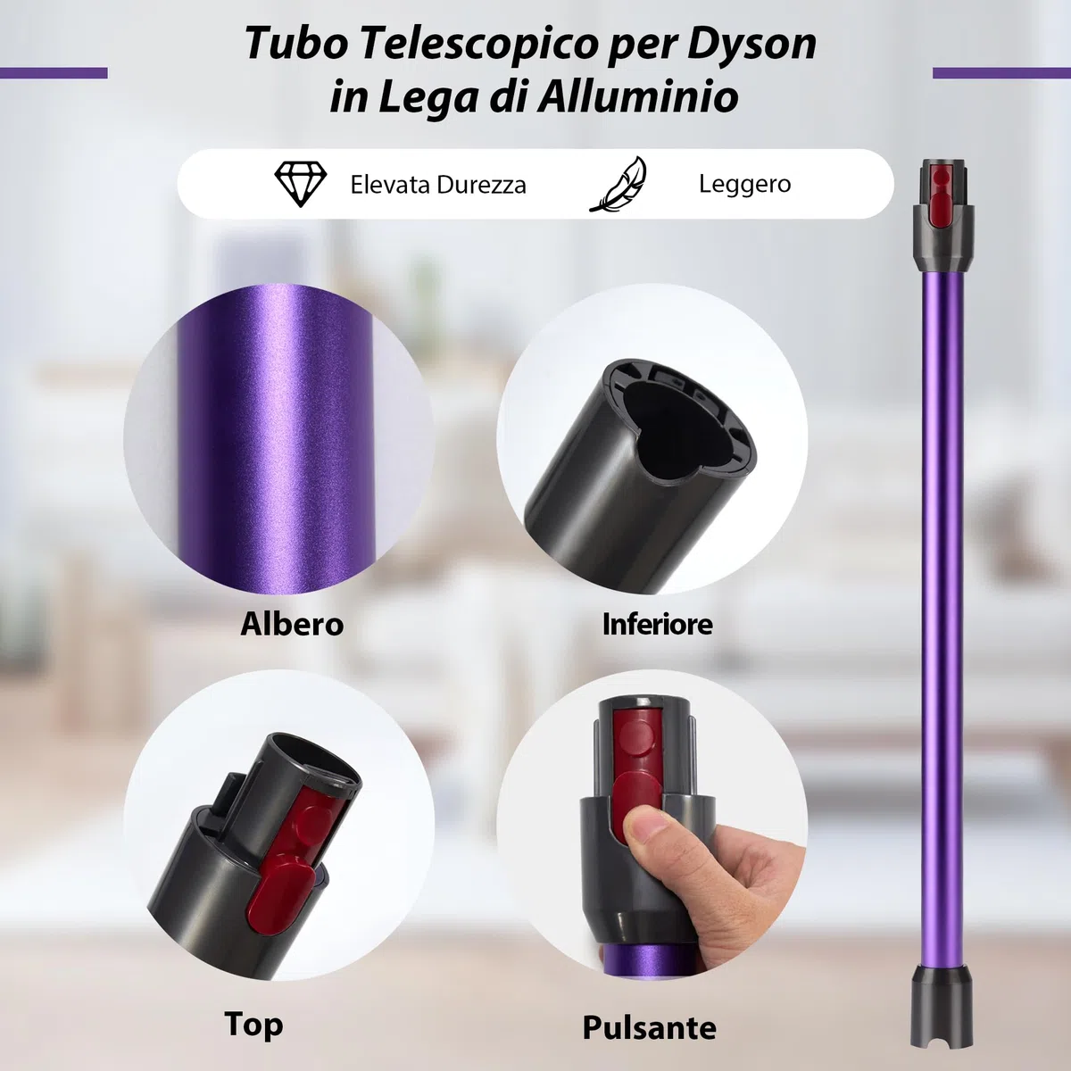 Tubo di Prolunga compatibile con Dyson V7 V8 V10 V11 V15, Tubo Telescopico Rigido, Asta di Estensione con Spazzole 2 in 1, Accessorio Aspirapolvere, Viola