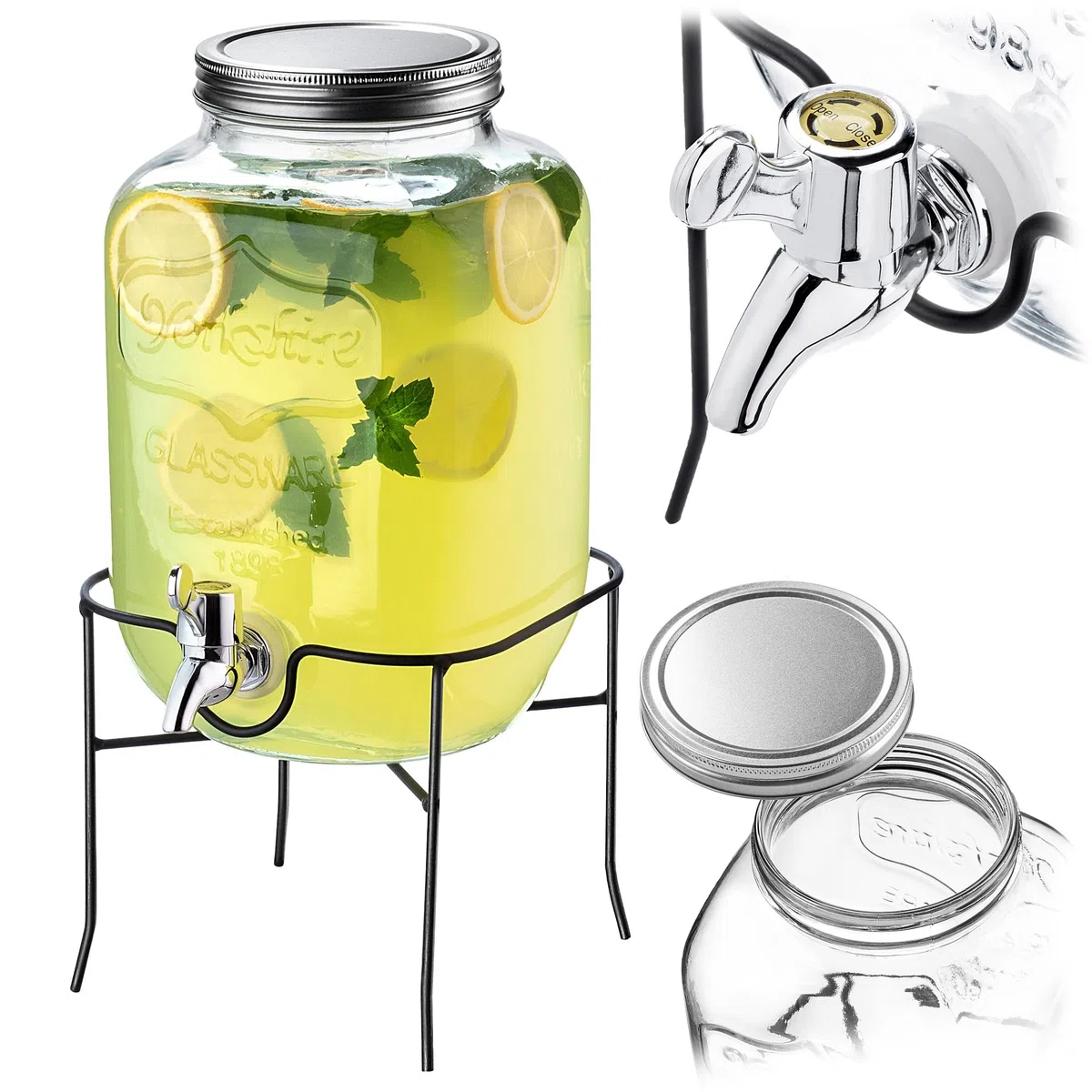 KADAX Distributore di bevande 4L con supporto, dispenser di succo in vetro, erogatore di acqua con rubinetto e coperchio, distributore di limonata, dispenser per bevande fredde (modello 3)