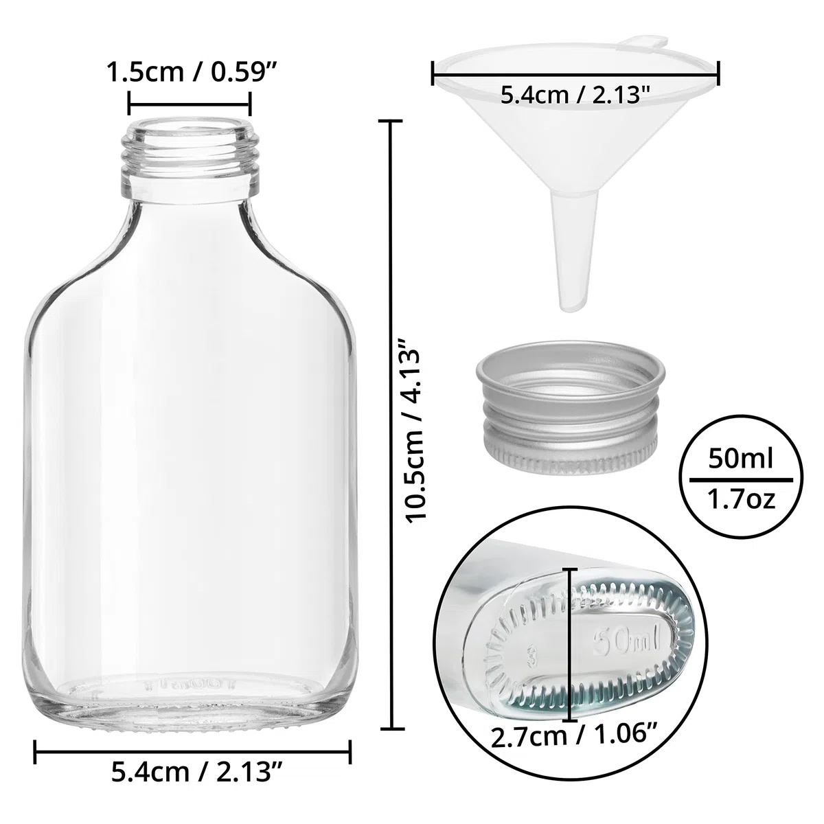 BELLE VOUS Bottigliette Vetro 50 ml Tappi a Vite Argentati e Imbuto (20pz) - Bottigliette Vetro per Liquori - Bottiglie Mignon Feste e Bottiglie Bomboniere per Alcol, Grappa, Whisky, Shots e Liquori