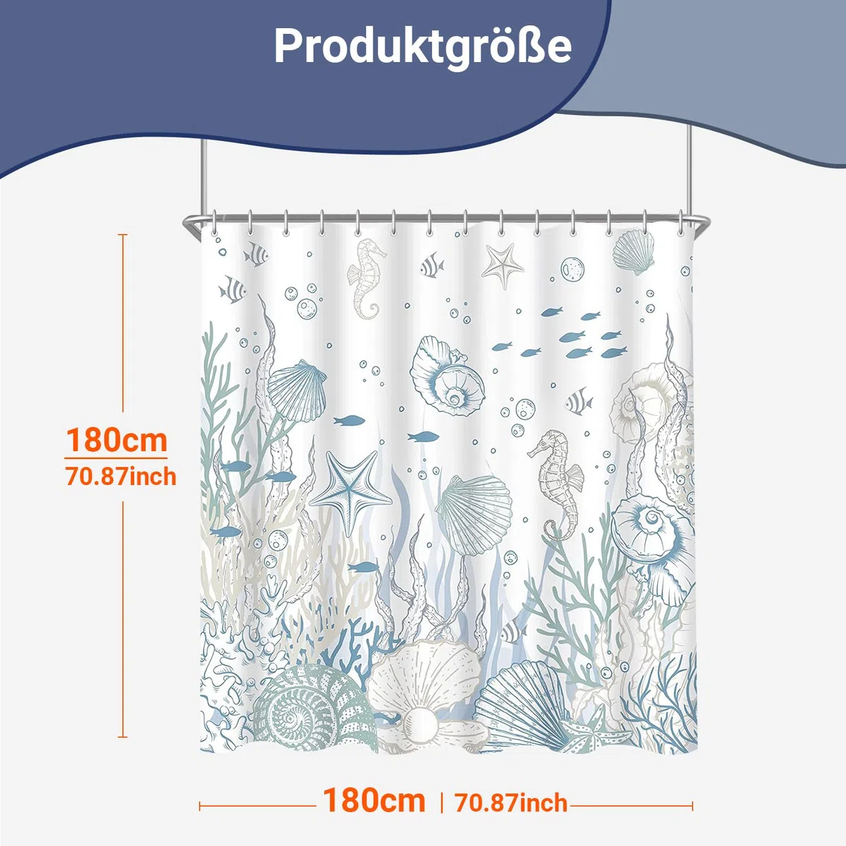 Lerores Tenda da doccia 180 x 180 cm, fondo marino, in tessuto antimuffa, orlo appesantito, impermeabile, lavabile, in tessuto di poliestere, con occhielli e 12 anelli per tenda da doccia per bagno,