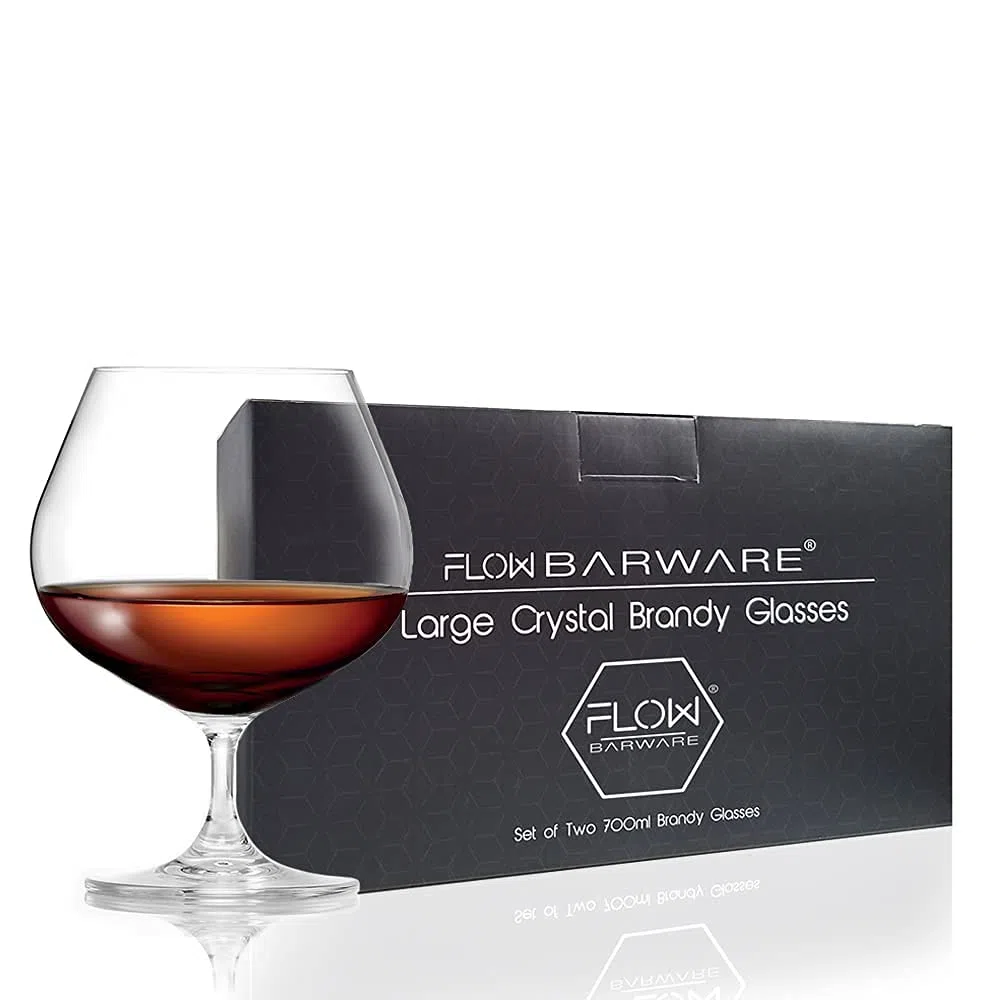 FLOW Barware Set di 2 bicchieri da brandy di alta qualità, realizzati a mano, 700 ml, in cristallo senza piombo, confezione regalo per brandy, cognac, liquori o liquori
