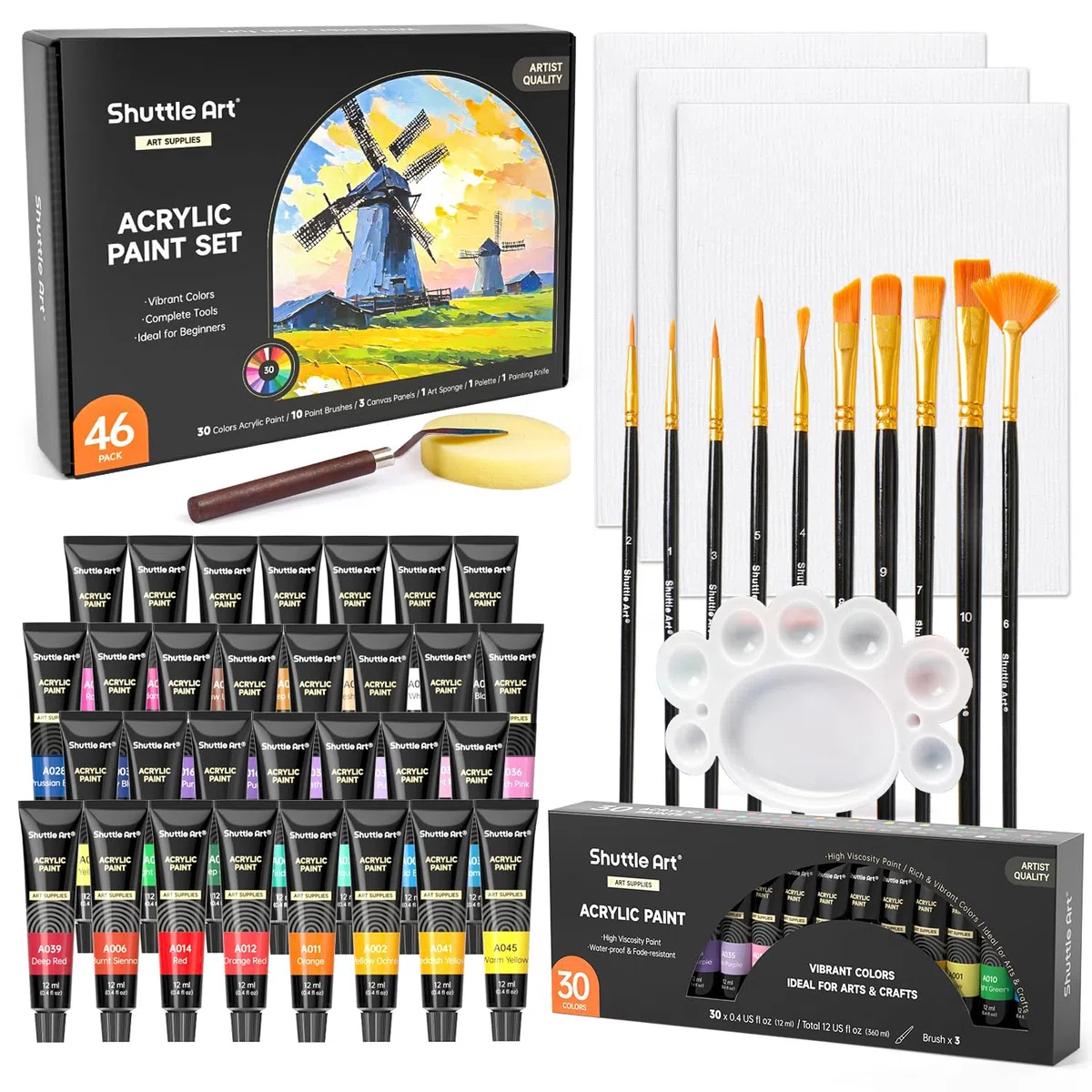 Shuttle Art Colori Acrilici per Dipingere 46 Pezzi, 12ml X 30 Set Colori Acrilici con 10 Pennelli, 1 Paletta, 1 Spugna, 3 Tela, 1 Spatola, Set Pittura Professionale per Principianti, Adulti e Bambini