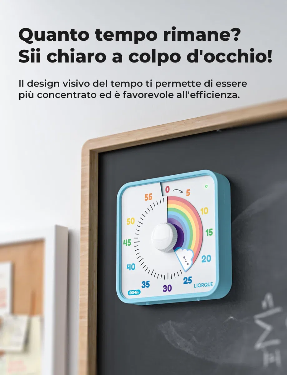 LIORQUE Timer Visivo da 19cm Timer per Aula Grande per Insegnanti, Timer per Bambini da 60 Minuti Senza Ticchettio con Retro Magnetico, 3 Livelli di Volume e Allarme Vibrante e Luminoso (Arcobaleno)
