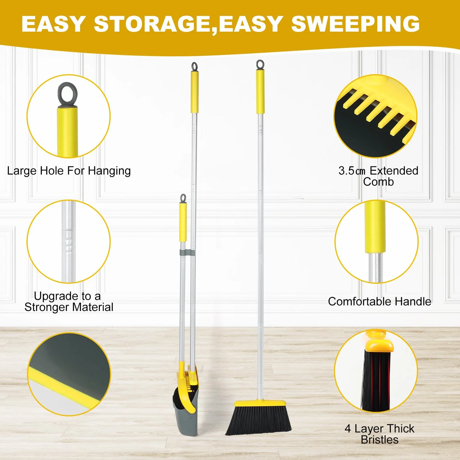 Set di scopa e paletta con manico lungo 137 cm, perfetto set di paletta e spazzola per una pulizia efficiente della casa (giallo e grigio)