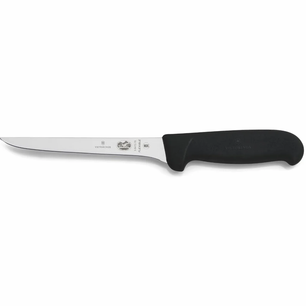 Victorinox Fibrox, Coltello per disossare, Coltello da Cucina stretto per Carne e Pollame, 15 cm, Lama Dritta, Stretta, Flessibile, Affilata, Acciaio Inossidabile, Nero