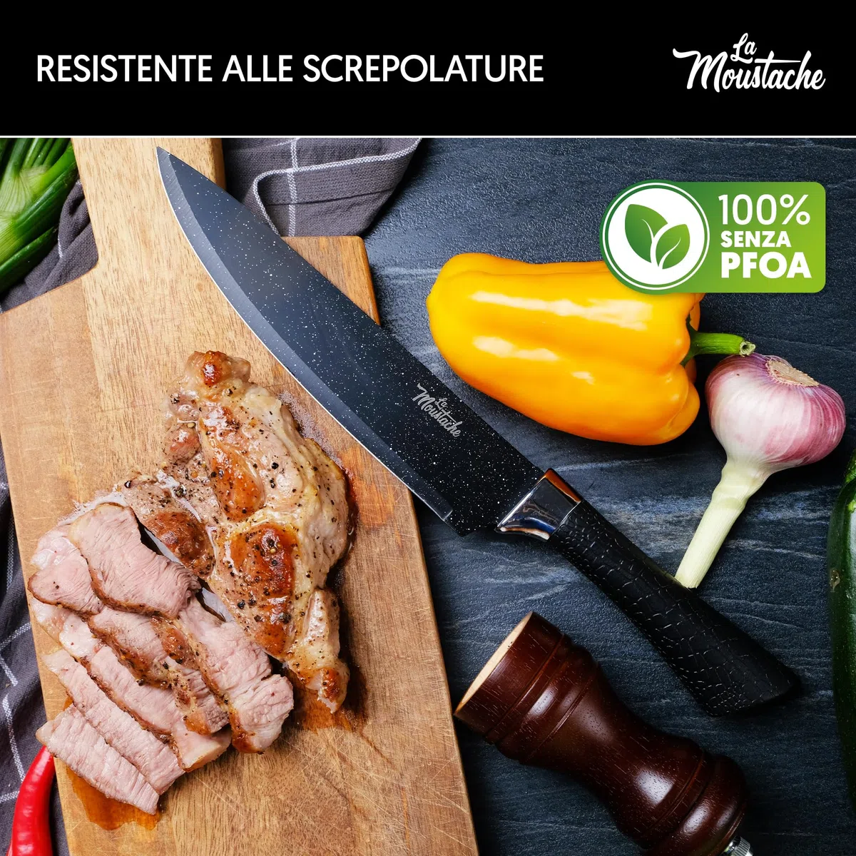 La Moustache - Set di Coltelli 7 Pezzi da Cucina Professionali, Inossidabile e Antiaderenti, Forbici, Pela Verdure, Coltelli da Chef per Pane e Carne, Ergonomici e Prova di Calore (Marmo)