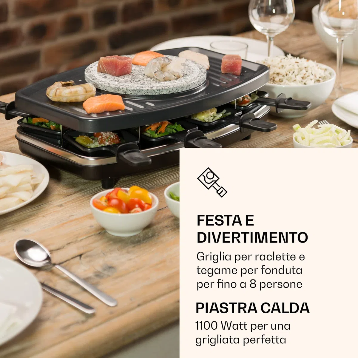 Klarstein 3-in-1 Griglia per Raclette e Set Fonduta Formaggio, Piastra Raclette Formaggio in Pietra Ollare 11W, Piastra Elettrica per Grigliare Carne e Formaggio con Pentole e Forchette per Fonduta