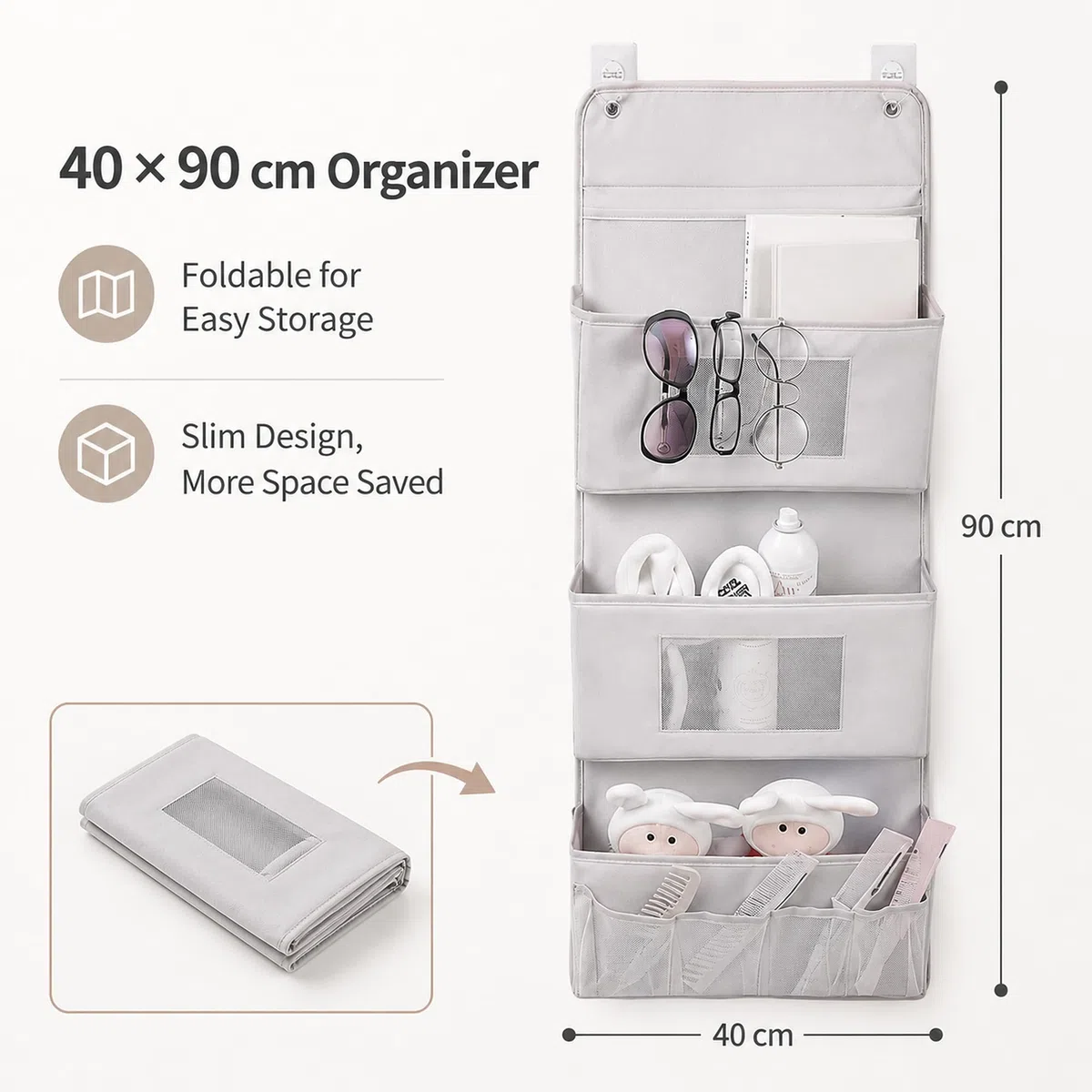 Organizer da appendere a 3 strati, 40 x 90 cm, organizer per porta senza fori, per bagno e guardaroba, organizer da parete pieghevole in tessuto Oxford con 3 tasche, 2 ganci, portaoggetti