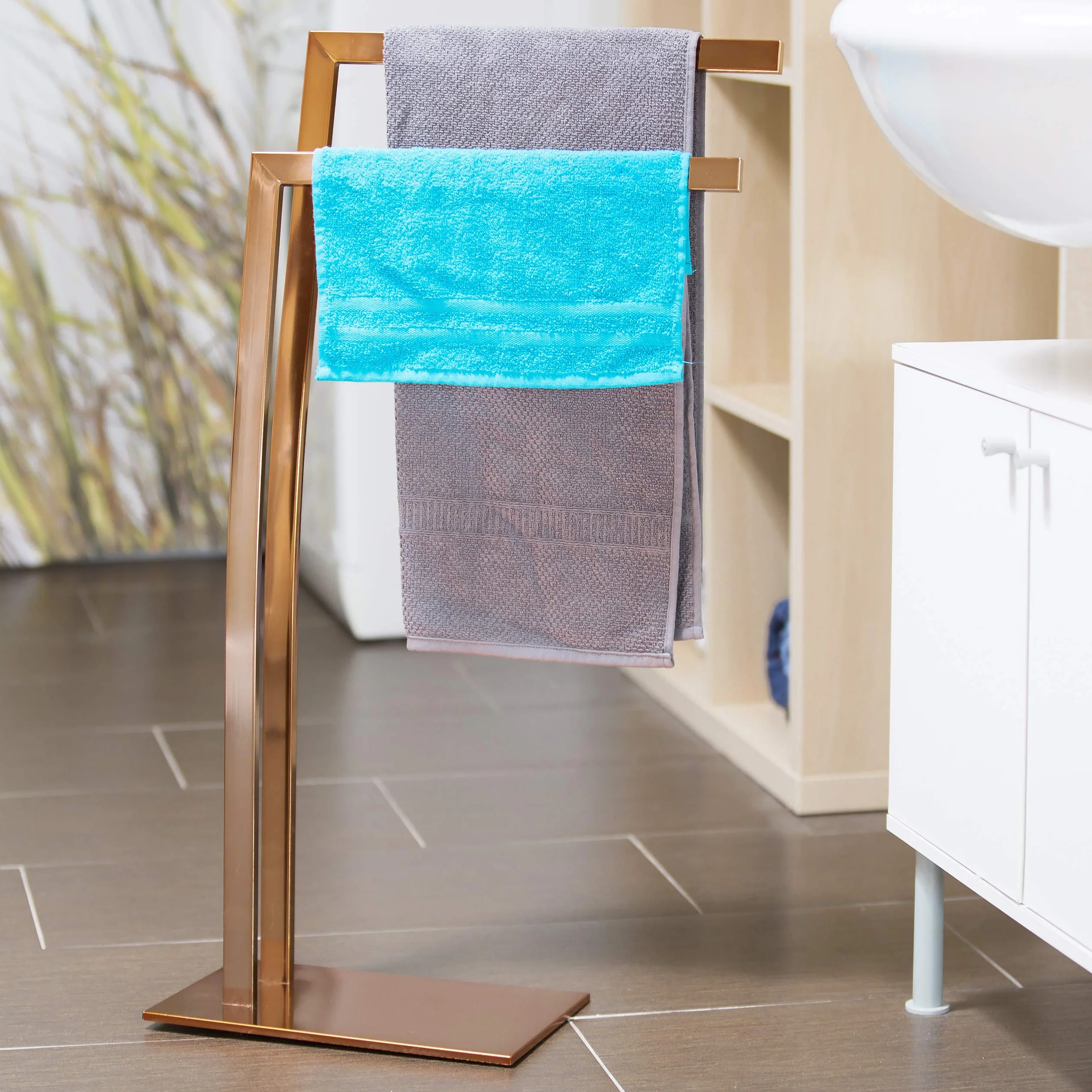 Relaxdays Porta Asciugamani WIMEDO, 80x32x20 cm ca., 2 Aste, Base Rettangolare, Decorazione, Acciaio Inox, Rame