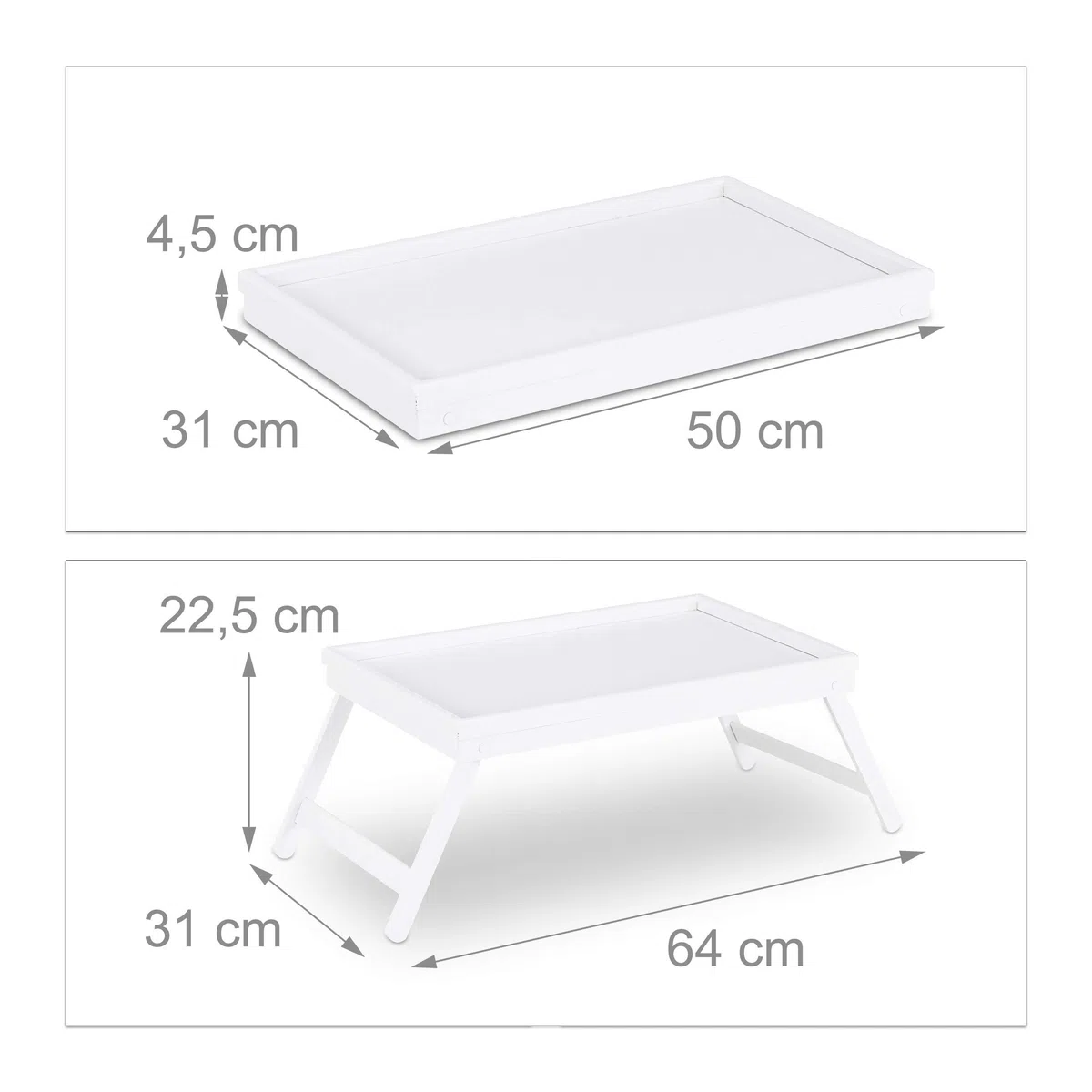 Relaxdays Tavolino da letto in bambù gambe pieghevoli bordo rialzato vassoio da colazione HLP: 22x64x31 cm bianco