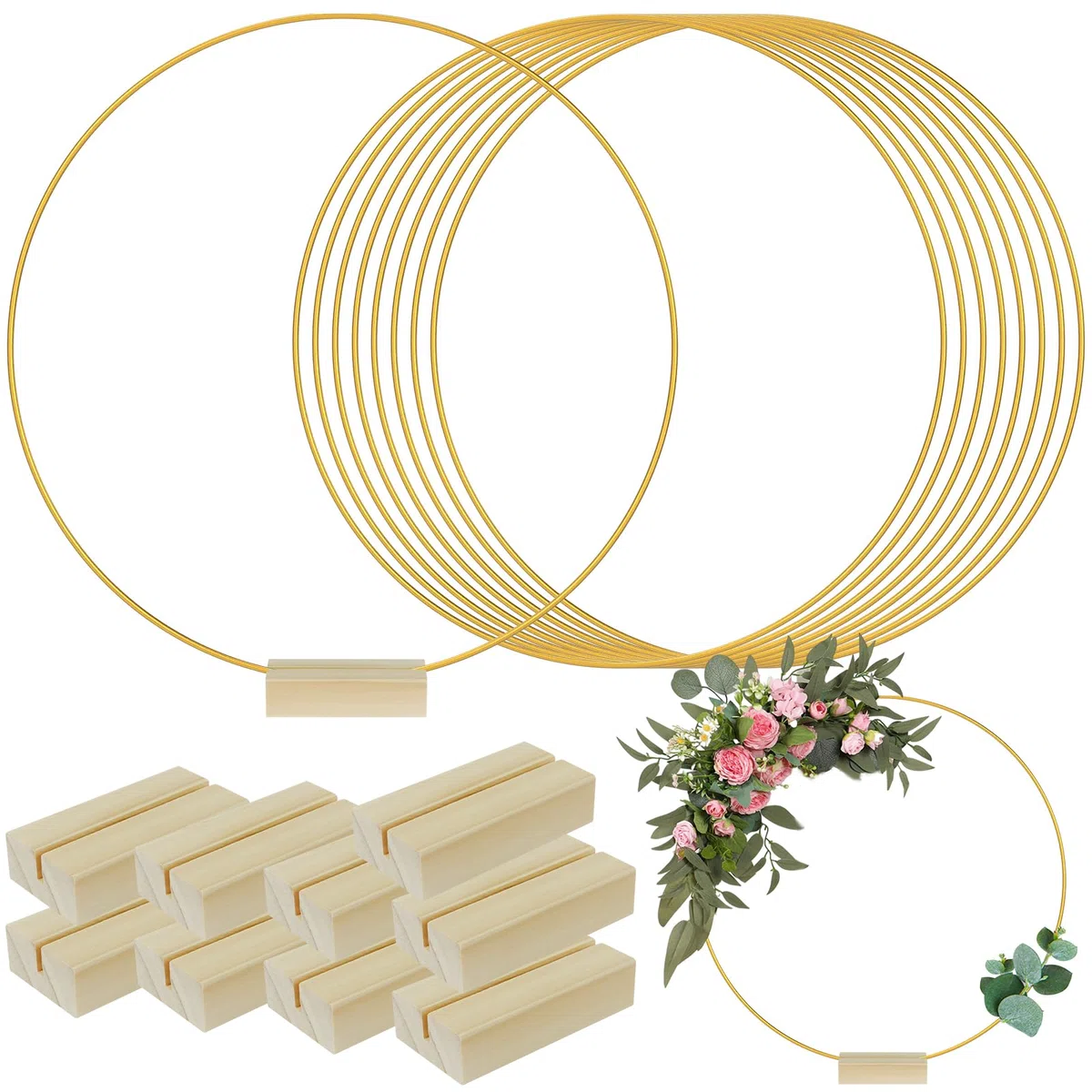 Eummy 10 pezzi da 30 cm in metallo floreale cerchio centrotavola per ghirlanda da tavolo anello in metallo con 10 supporti in legno robusto oro rotondo macramè decorazioni da tavolo per feste di nozze