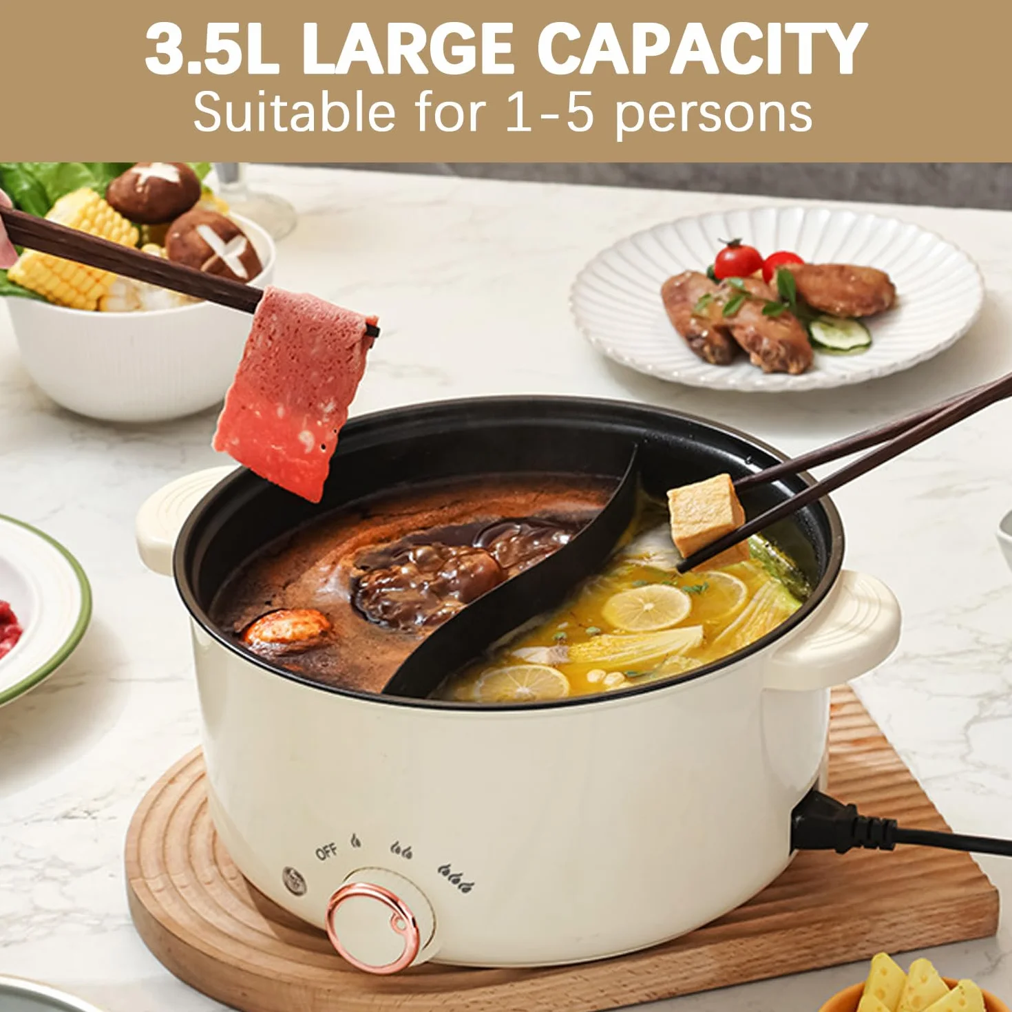 Hot Pot Pentola elettrica da 2 Lati, 3,5 l, 1000 W, Tre regolazioni di Potenza, Antiaderente, Multifunzionale, pentola Veloce per arrosti, Ramen, fonduta