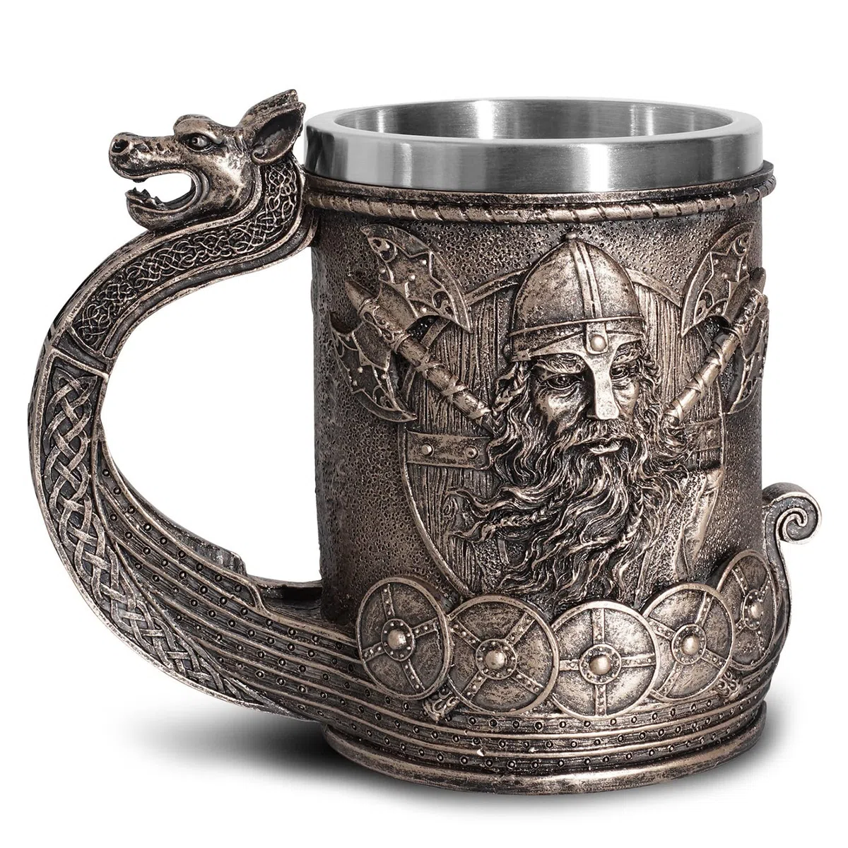 OTARTUDE Boccale da birra rivestito in acciaio inox, motivo norreno con nave Drakkar vichinga, guerriero e dragone, idea regalo, da collezione, 550 ml