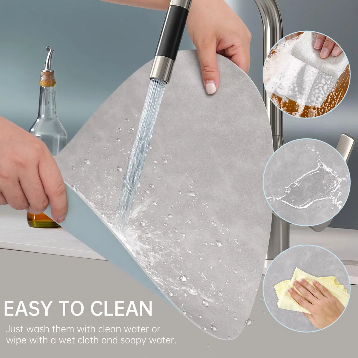 Tovagliette e Sottobicchieri Lavabili, Tovagliette Rotonde in Pelle PU, Tovagliette Bifacciale Impermeabile Resistenti al Calore Non-scivolose Tovagliette Americane (Set di 6, Grigio Chiaro Azzurro)