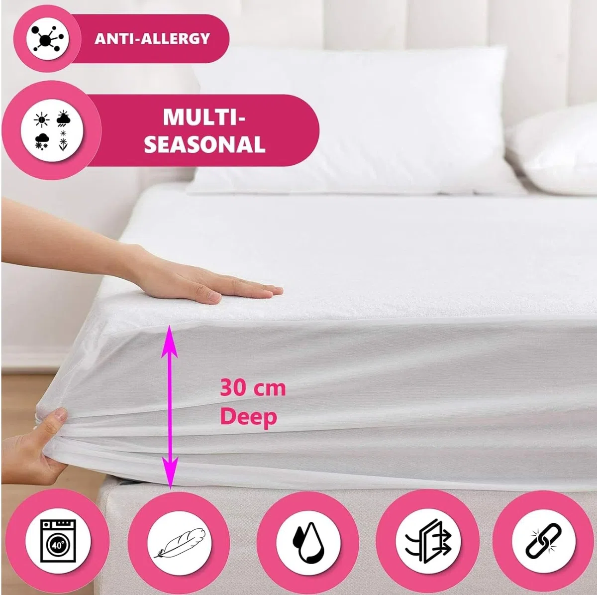 Coprimaterasso Matrimoniale Cotone Impermeabile 180 x 200 cm, Proteggi Materasso in Morbida Spugna con Angoli, Anallergico Antiacaro e Antibatterico, Bianco (Matrimoniale)