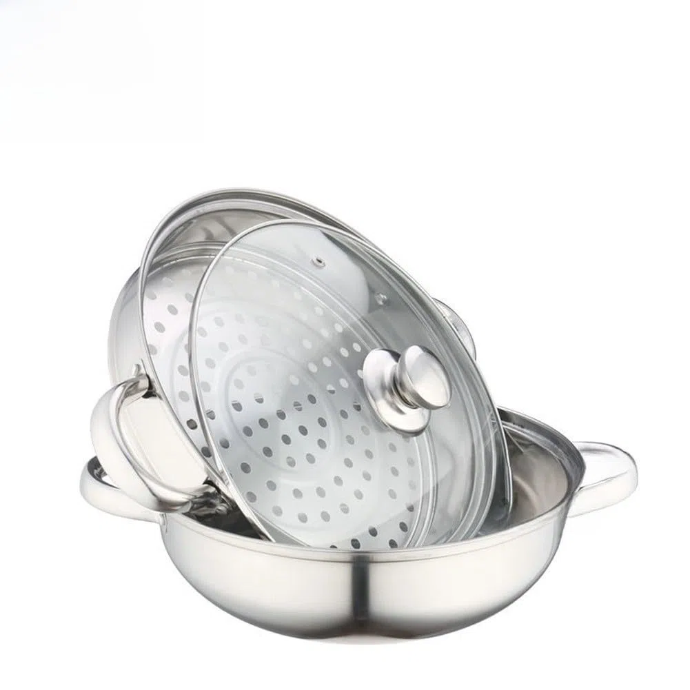 FUBESK - Pentola a vapore a doppio strato in acciaio inox con coperchio in vetro, 28 cm, per zuppe e cucina multiuso, compatibile con fornelli a gas, a induzione e alogeni
