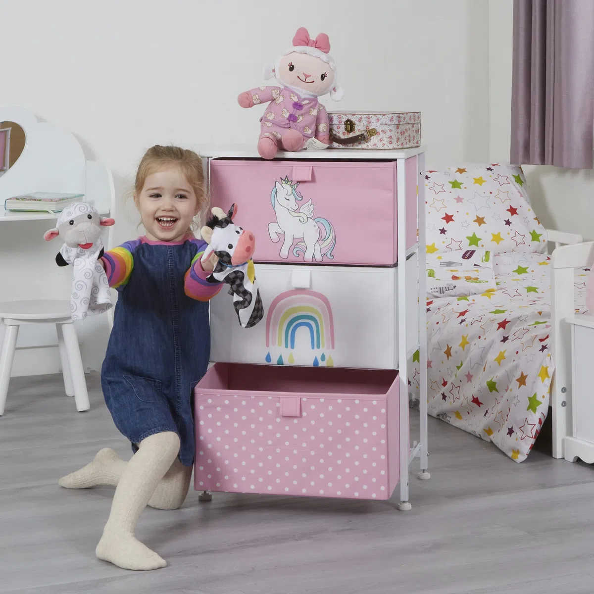 Liberty House Toys Cassettiera a forma di unicorno per bambini, per camera da letto, asilo, stanza dei giochi, vestiti, giocattoli, struttura in acciaio, piano in legno, 3 contenitori in tessuto
