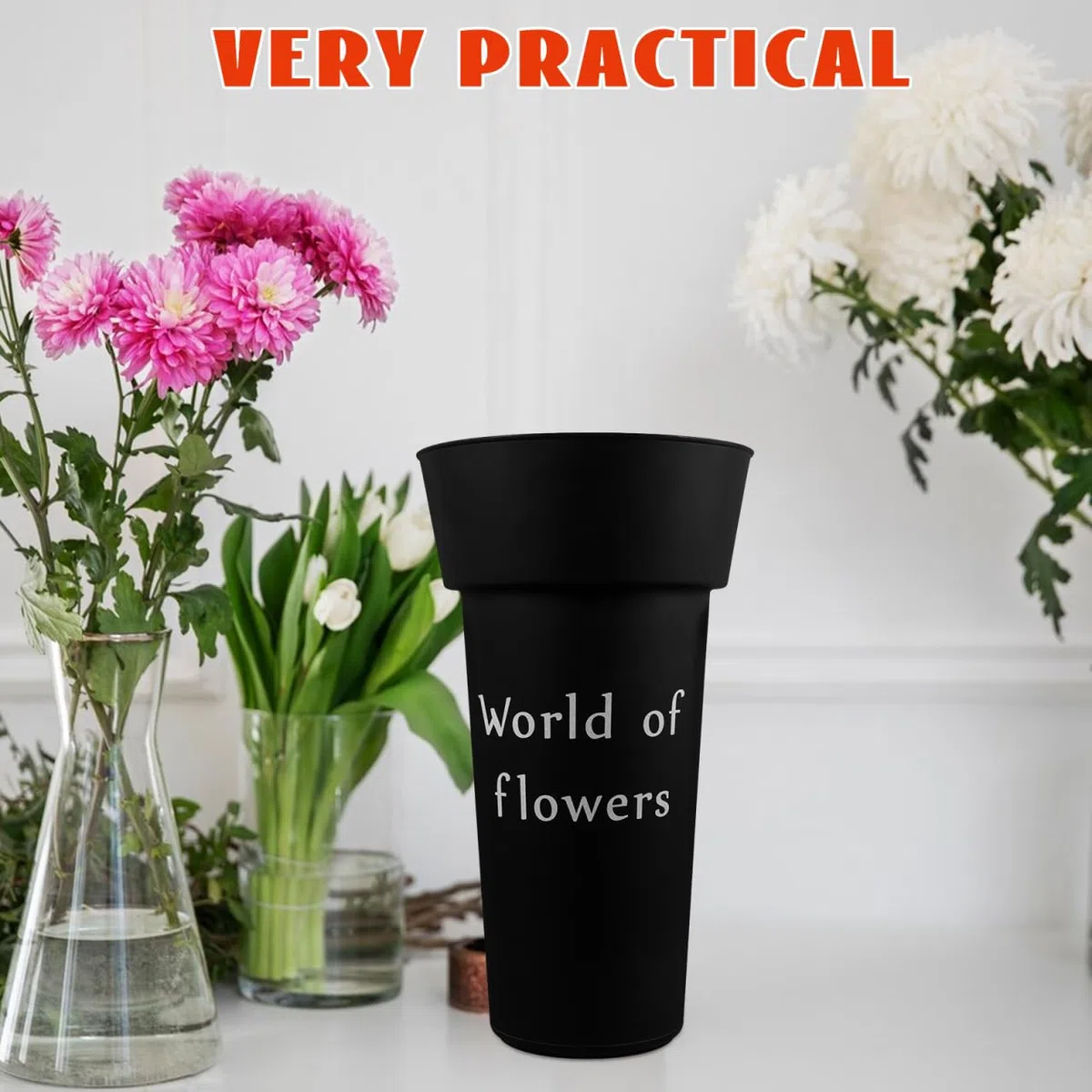 Amosfun Contenitore per Fiori Secchiello per Fiori Riutilizzabile Nero 2 Pezzi in Plastica Pp Non Facile da Deformare, Stile Moderno Semplice, per Casa e Balcone