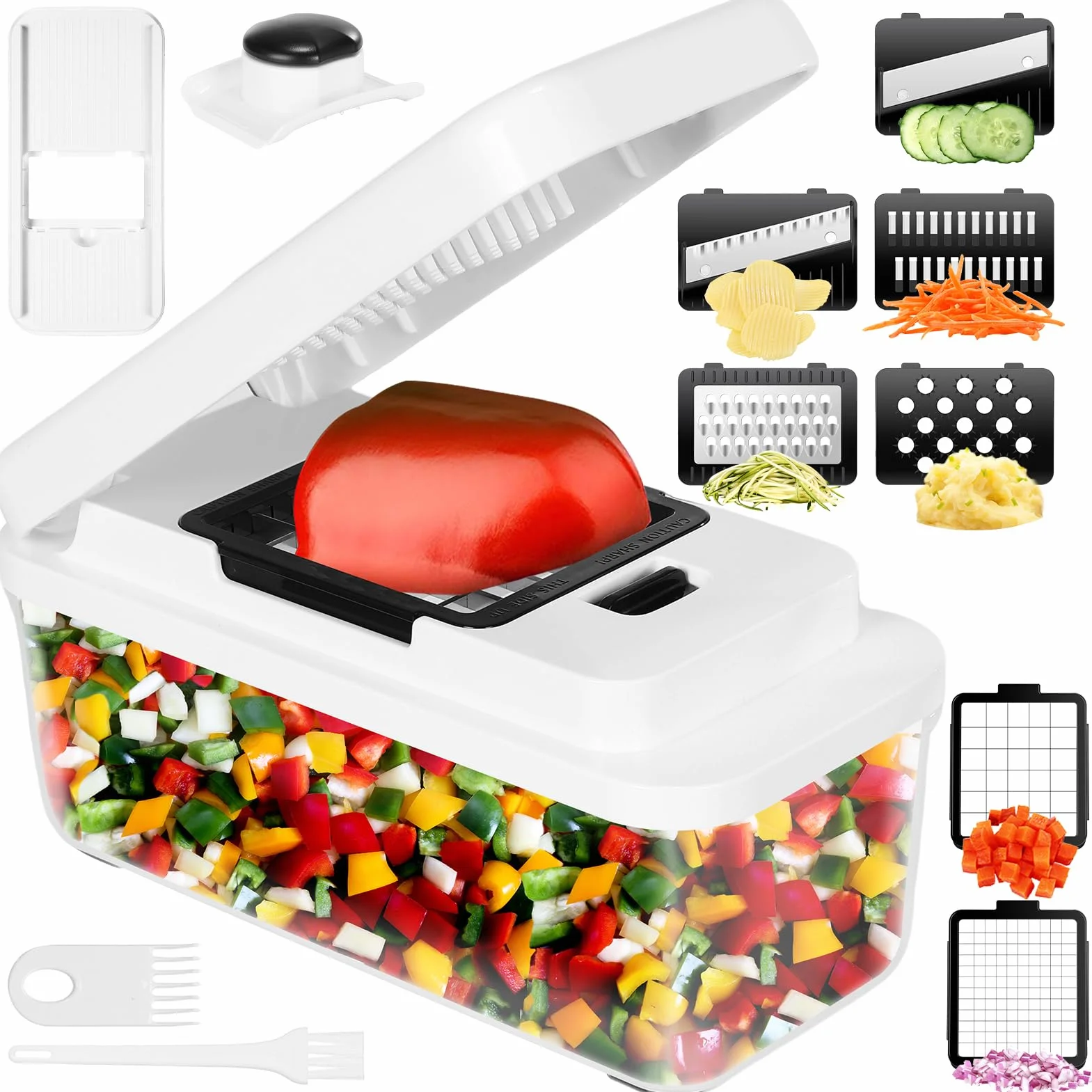 Mandolina per Verdure, Taglia Verdure Multifunzione, Tagliaverdure Manuale con 7 Lame in Acciaio Inox Intercambiabili, Tritaverdure per Cipolla, Carota, Patata e Cetriolo