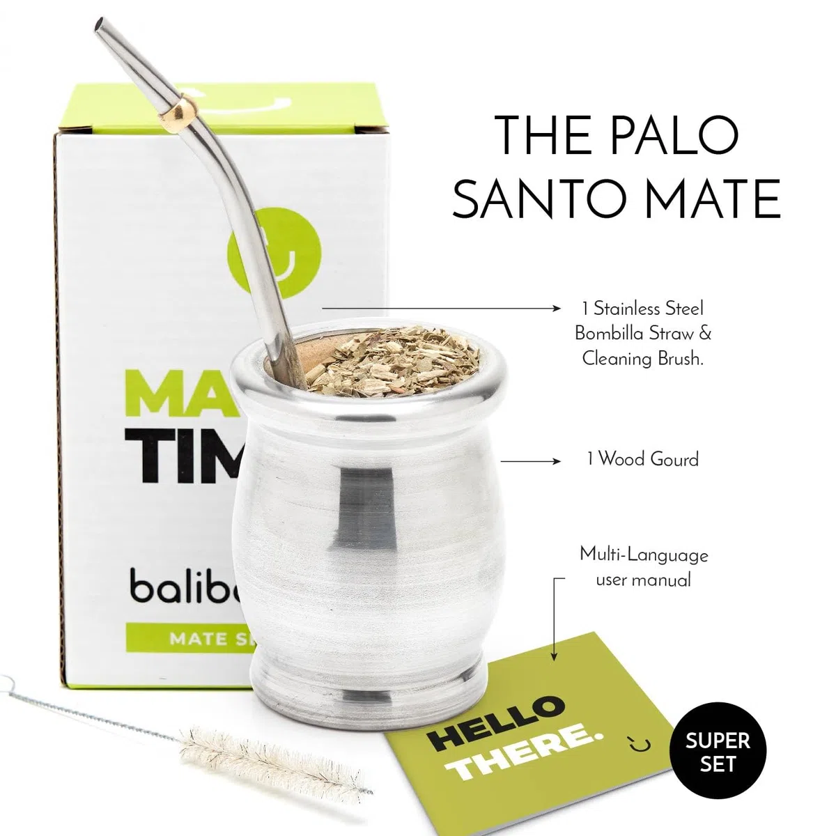 BALIBETOV Mate Argentino Set Legno Yerba Mate - Palo Santo Tradizionale Avvolto in Alluminio (Tazza Mate) con Bombilla (Paglia Yerba Mate) (Alluminio)
