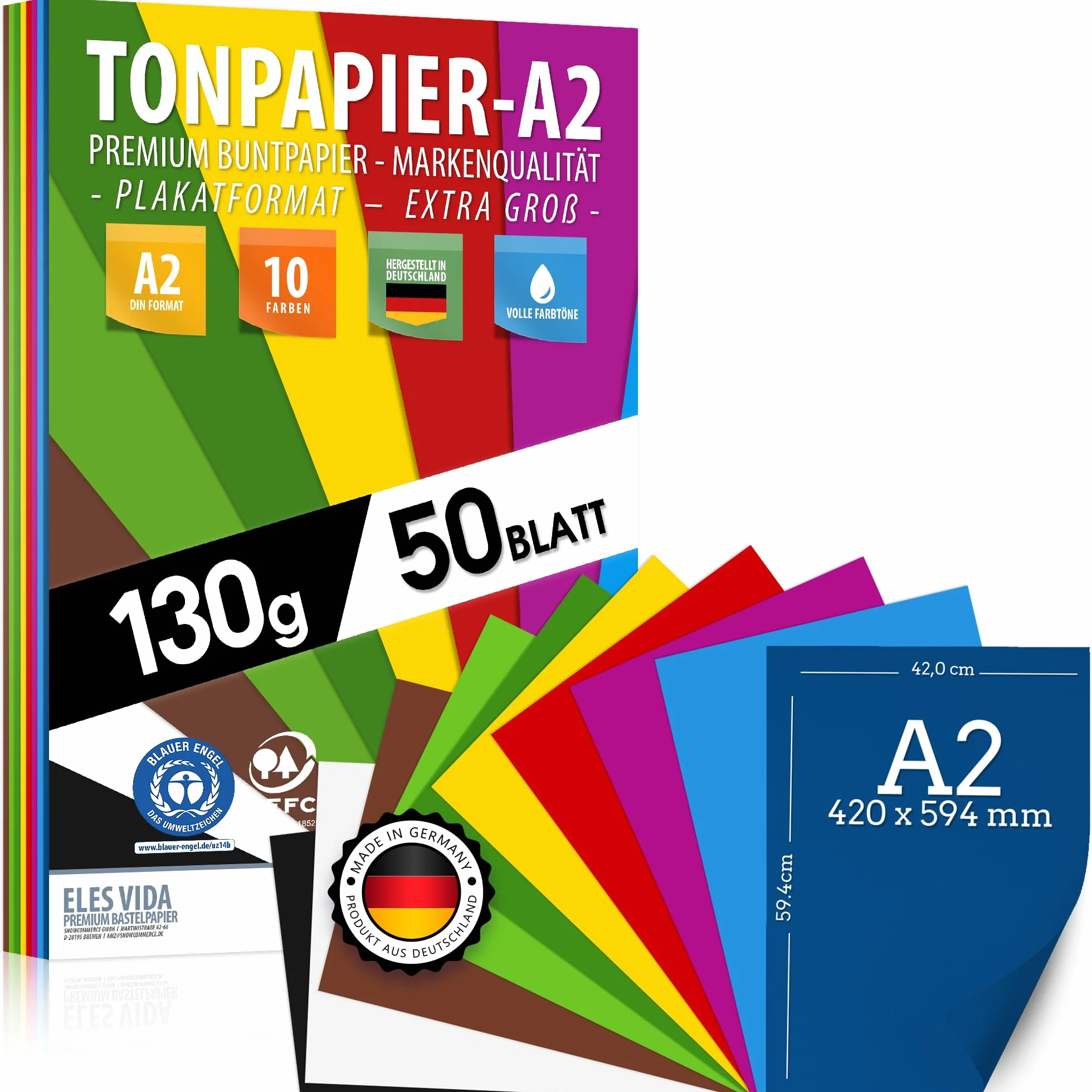 50 fogli di CARTA COLORATA DIN A2 - set di cartoncini da costruzione 130 g/m² 10 colori - accessori per l'artigianato per regali di album fotografici, essere creativi, MADE IN GERMANY