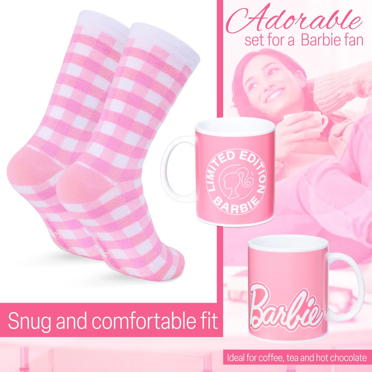 Barbie Set regalo tazza e polpaccio, per donne e ragazze, carino, tazza ceramica 312 ml, calzini morbidi per fidanzata o moglie, regali compleanno