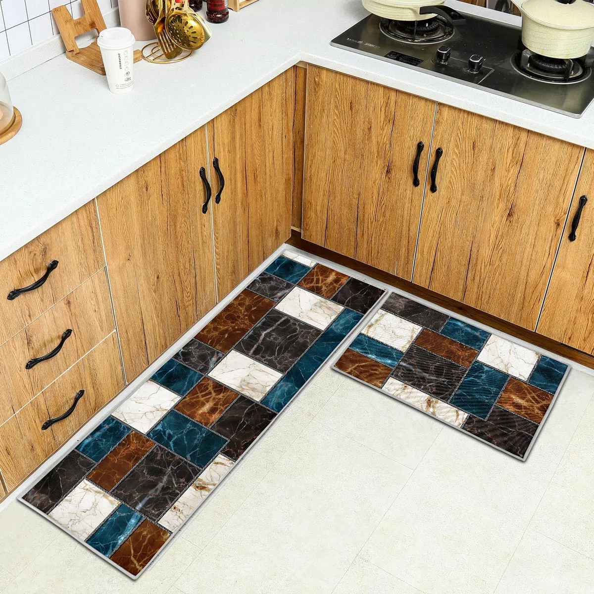 Set di 2 tappeti da cucina, antiscivolo, 6 mm di spessore, impermeabili, facili da pulire, tappeti da cucina anti-affaticamento per la cucina (Stile N, 40x60+40x120 cm)