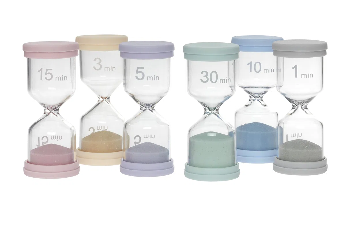 TFA Dostmann Set di clessidra colorate 18.6012.30 con 6 colori (1, 3, 5, 10, 15 o 30 minuti), timer per lavarsi i denti, compiti a casa, scuola, sport, ufficio, cucina, in vetro con bordo in silicone