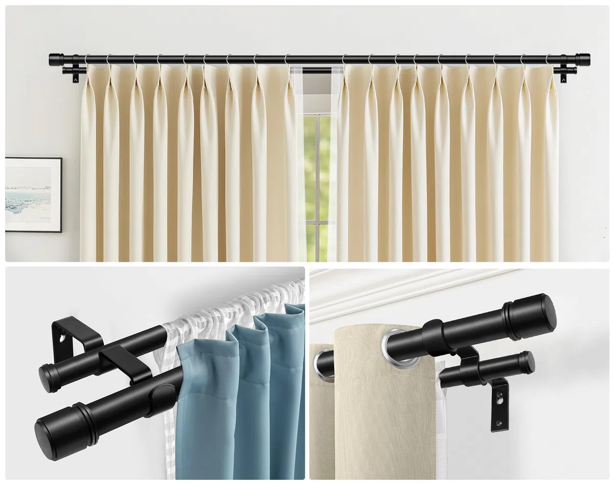 HOTOZON Nero Bastone da Tenda Doppio 167-305 cm, 25 mm Estensibile Bastone Tenda Doppio Montado en la Pared con Remates de Tapa Para Ventanas