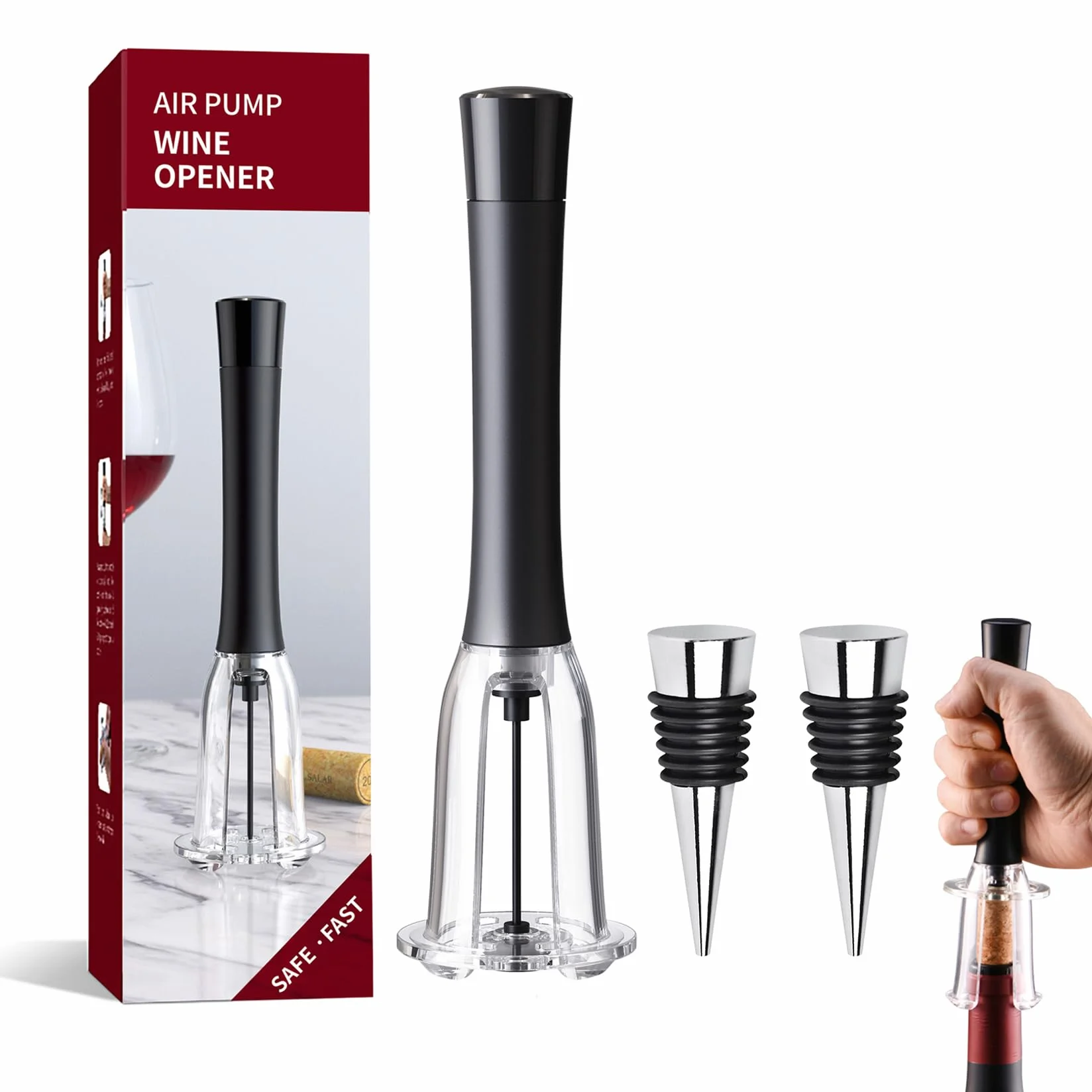 Cavatappi Vino Pressione Aria con 2 Tappi Bottiglie Riutilizzabili, Apribottiglie a Pompa Rapido e Facile da Usare, Professionale Accessori Vino per Casa, Raduni e Regalo
