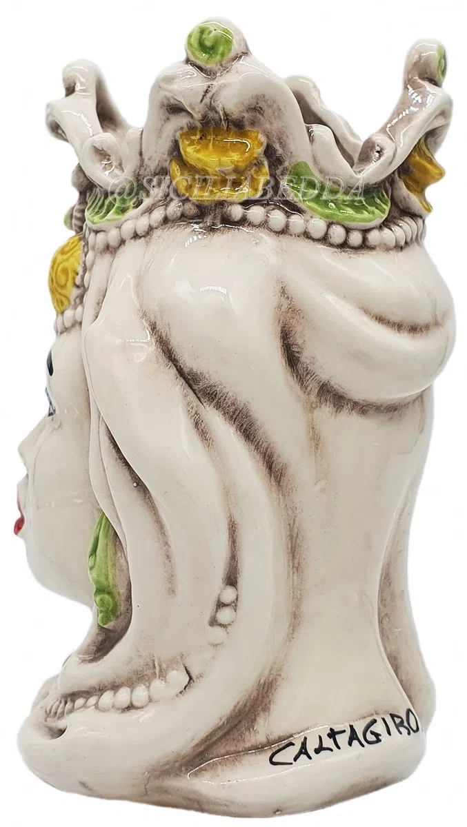 sicilia bedda - Coppia Teste di Moro Siciliane in Ceramica di Caltagirone - Realizzato Interamente a Mano - H 13 Centimetri (Giallo e Verde)