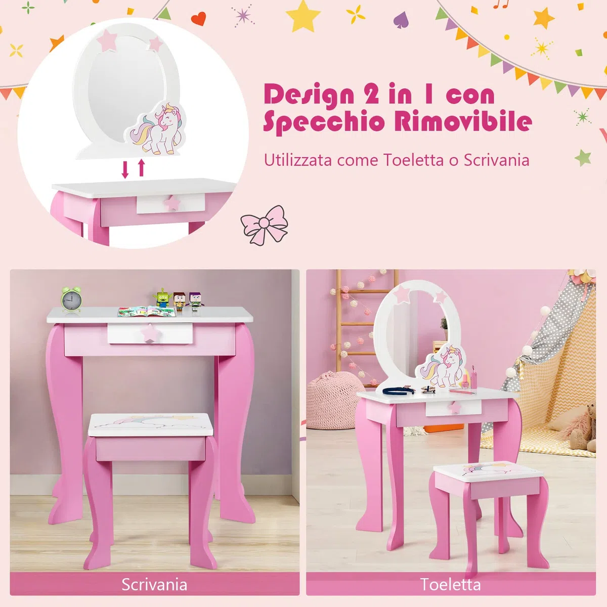 RELAX4LIFE Toeletta da Trucco con Sgabello per Bambini, Scrivania con Specchio Rotondo Rimovibile, Cassetto con Manopola a Stella, Scrivania e Sedia per Cameretta, Modello Unicorno (Rosa)