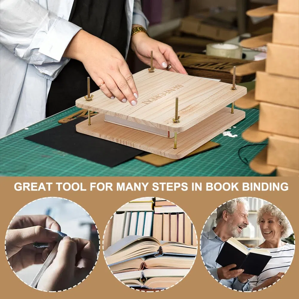 BENECREAT Book Press Rilegatura, Pressa per Rilegatura Portatile con Pressa per Libri In Legno con Dado In Ferro, Dadi Ad Alette, Guarnizione per La Casa, Scuola, Forniture per Rilegatura, 30x30cm