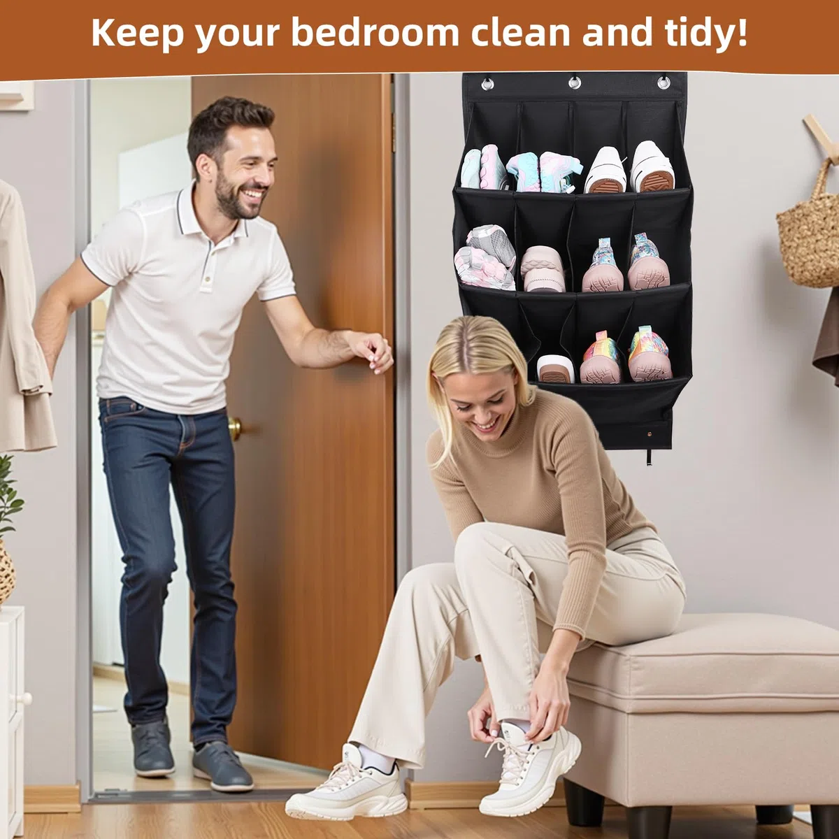 Organizer per scarpe da appendere, con gancio, porta scarpiera con 12 tasche profonde per armadio, organizer da appendere alla porta per campeggio, armadietto, dormitorio e camper, nero