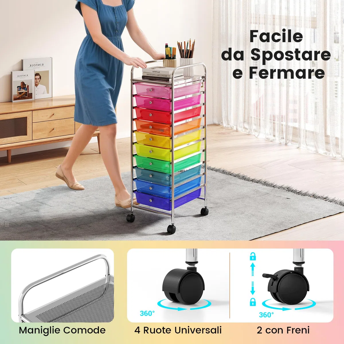 COSTWAY Carrello Portaoggetti con 10 Cassetti, Cassettiera con Ruote, Struttura in Metallo, Ruote Universali Bloccabili e Maniglia, Carrello Organizer per Casa, Ufficio (39 x 32 x 97 cm)