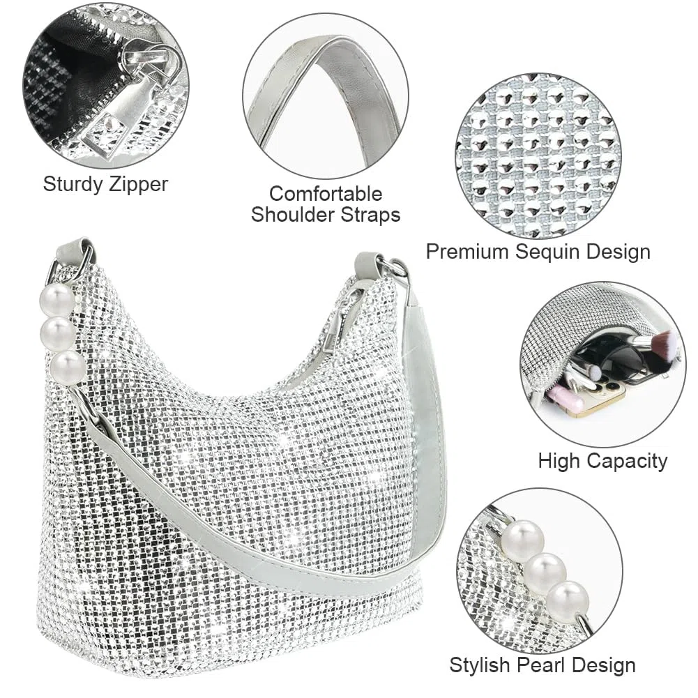 OSDUE Borsa da Sera con Pochette, Borse con Strass Fatte a Mano in Argento Lucido, Donna Pochette da Sera, Borsa a Tracolla Chic ed Elegante Borsa Tote per Serate Matrimoni Balli di Fine Anno Feste A